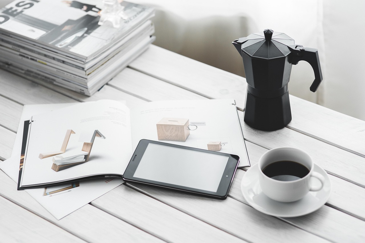 creative-02 technology, coffee cup, tablet, digital tablet, computer, device, desk, coffee, cup, magazines, leisure
